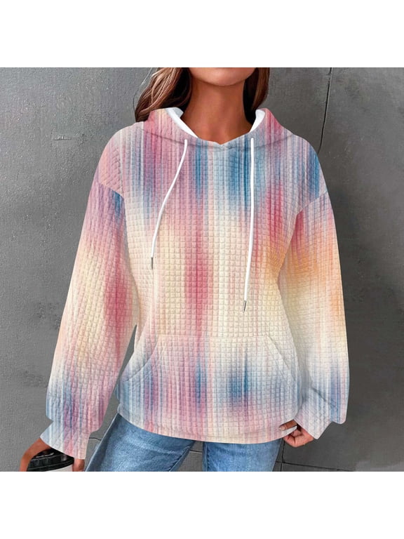 Hooded Casual Blouses for Women Waffle Knit Tie Dye Sweatshirts Crewneck Purple Graphic Womens Shirts