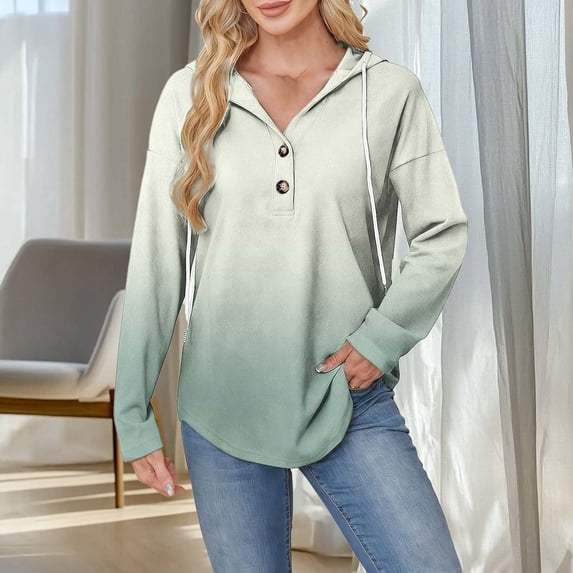 Fznquz Hooded Women Shirts Green Long Sleeve V Neck Blouses Loose Fit Casual Oversized Clothes,M