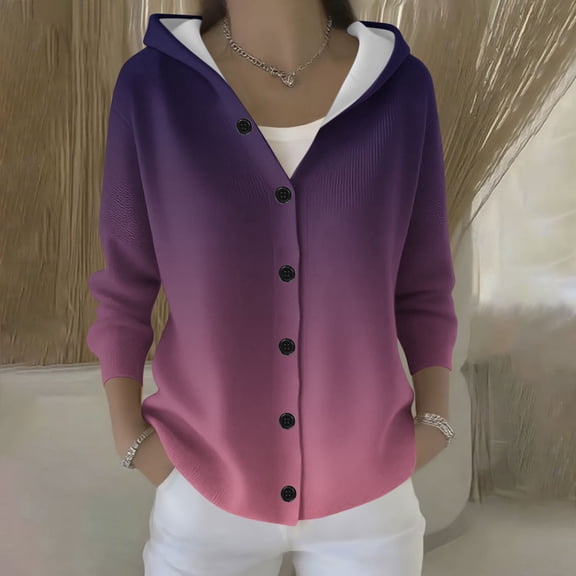 Fznquz Hooded Women's Sweater Knitted Button Down Sweater Red Solid Cardigan Trendy Womens Winter Coat