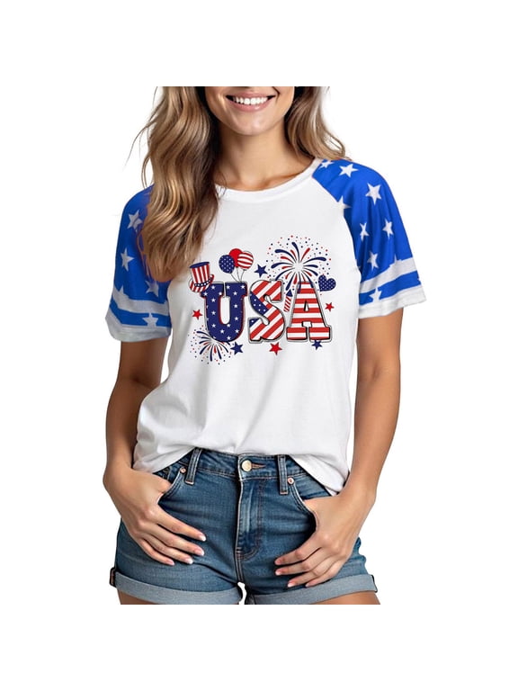 Independence Day Womens Plus Size Tops 4th of July Shirt Usa Print Summer Blue Patriotic Women Shirts