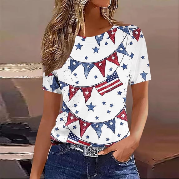Fznquz July 4th Summer Tops for Women 2025 Independence Day Casual Tee Patriotic Trendy Blouses for Women