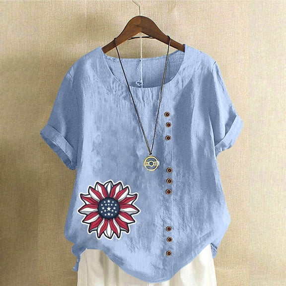 Fznquz July 4th Summer Tops for Women Short Sleeve Spring Shirt Casual Patriotic Crew Neck Button Blue Summer Blouses for Women