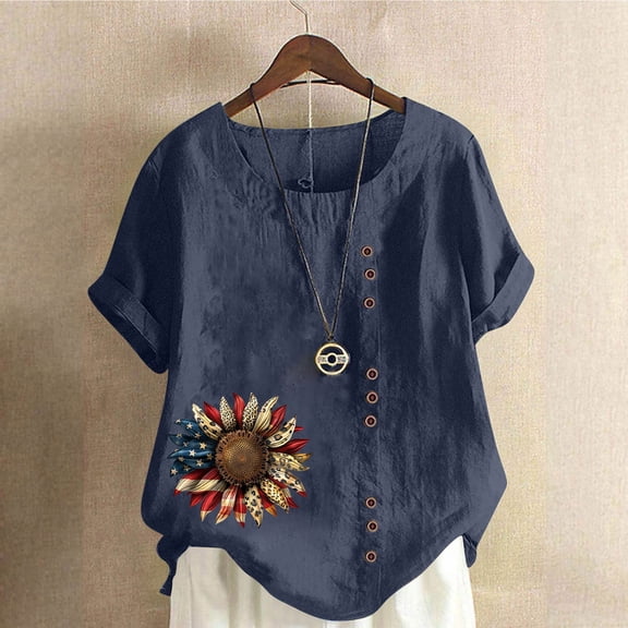 Fznquz July 4th Women's Tops Casual Short Sleeve Shirt Blue Button Spring Summer Patriotic Crew Neck Shirts for Women