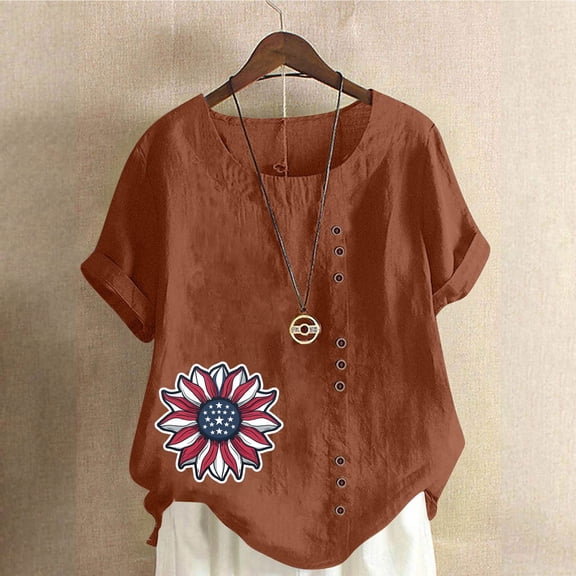 Fznquz July 4th Womens Tops under $10 Short Sleeve Shirt Brown Patriotic Button Crew Neck Summer Shirts for Women