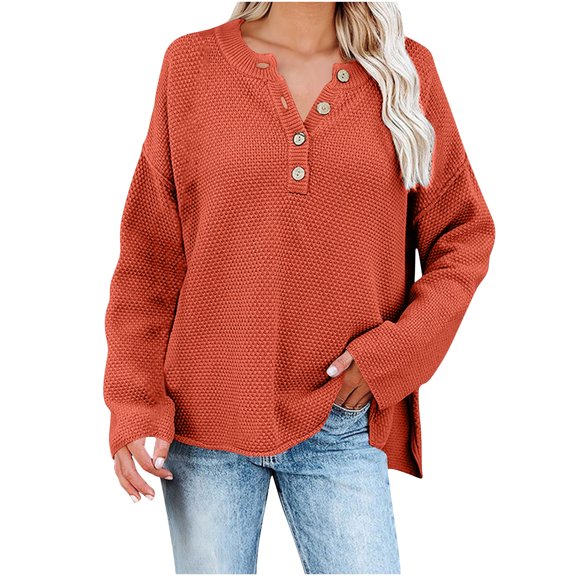 Fznquz Knit Ladies Sweaters Long Sleeve Pullover Sweaters Casual Fall Winter Orange Button Women Blouse