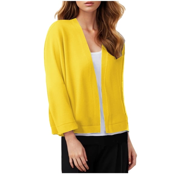 Fznquz Knit Women's Cardigan Open Front Lightweight Shrugs Yellow Soft Fall Solid Casual Blouse