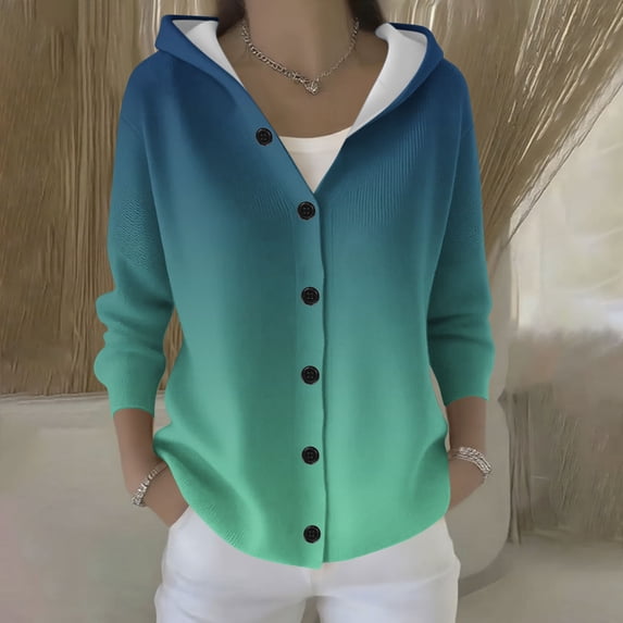 Fznquz Knitted Girls Sweaters Hooded Button Down Sweater Solid Cardigan Trendy Blue Blouses for Women