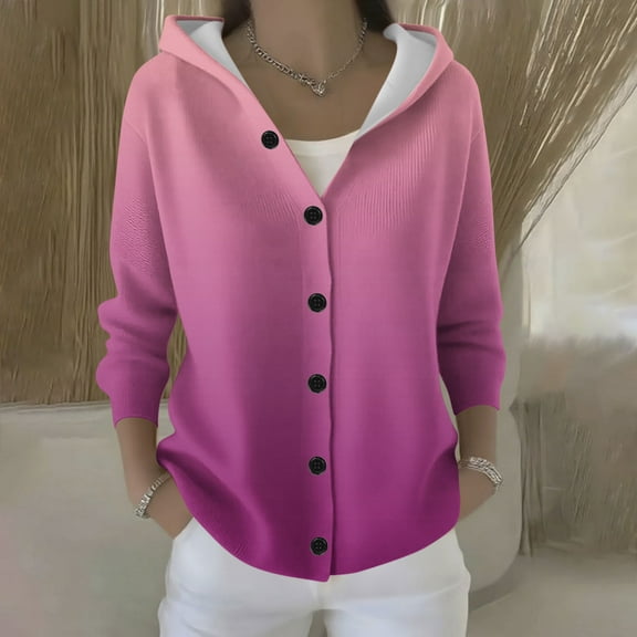 Fznquz Knitted Sweaters for Women Hooded Button Down Sweater Trendy Solid Pink Cardigan Womens Fashion