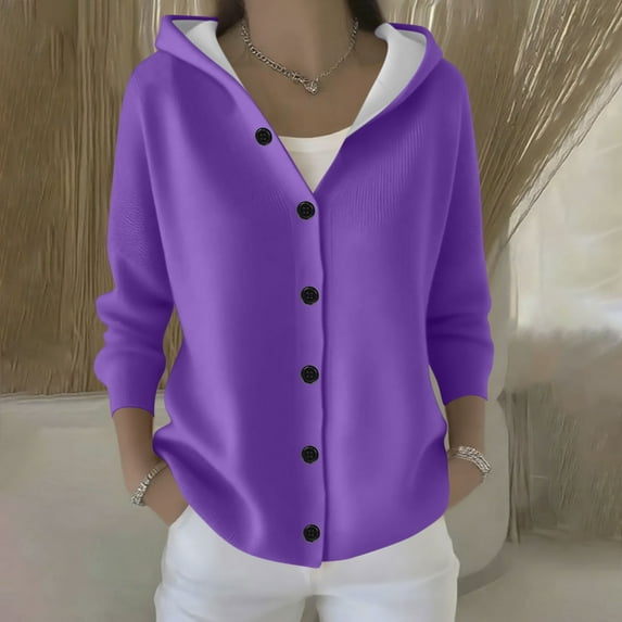 Fznquz Knitted Sweaters for Women Trendy Button Down Hooded Sweater Purple Cardigan Solid Women Clothes