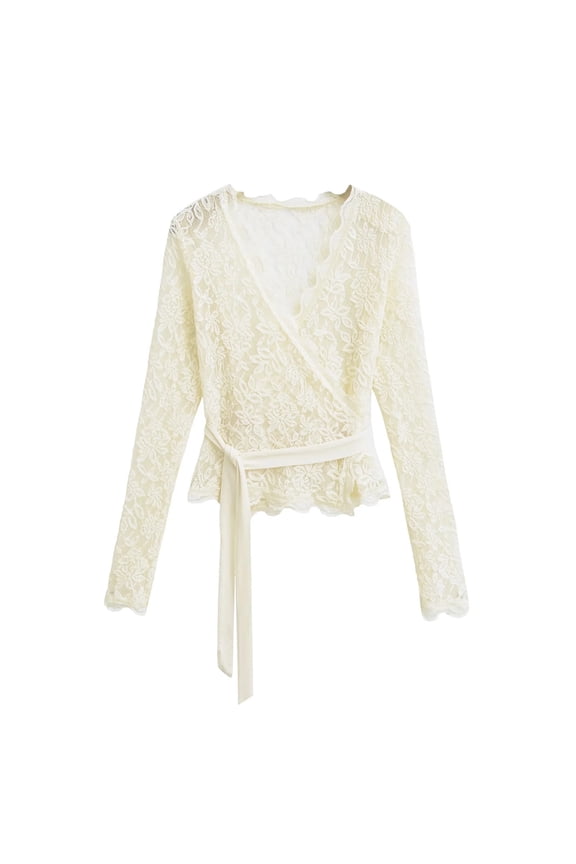 Lace Womens Long Sleeve Tops Wrap Dressy Casual Beige Blouses Tie Front Trendy V Neck Clothes