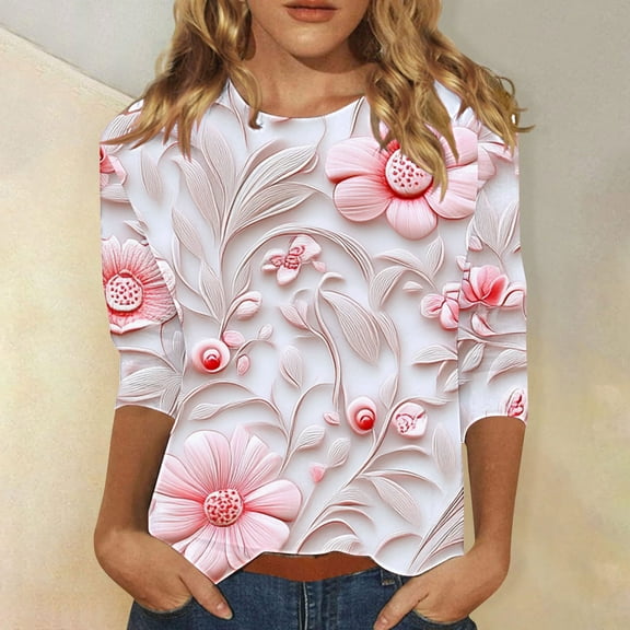 Fznquz Ladies Blouse Floral Pink Round Neck 3/4 Sleeve Tops Dressy Casual Summer Cute Women's Clothing XL