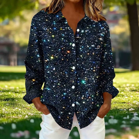 Fznquz Ladies Blouses Button Down Blue Collared T-Shirt Graphic Long Sleeve Casual Lightweight Women's T-Shirts,XXL
