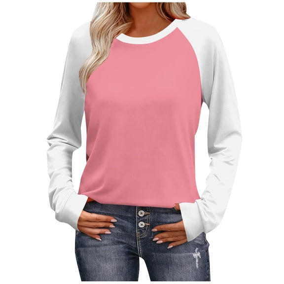 Fznquz Ladies Blouses Long Sleeve Dressy Casual Pink Color Block Tee Spring Fall 2026 Tees,XXL