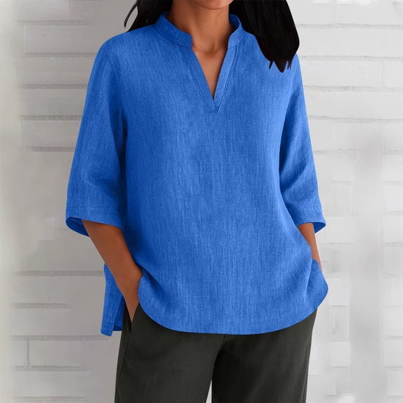 Fznquz Ladies Tops and Blouses Plain Blue V Neck Loose Fit Tees Casual Soft 3/4 Sleeve Women's Fall Fashion,M