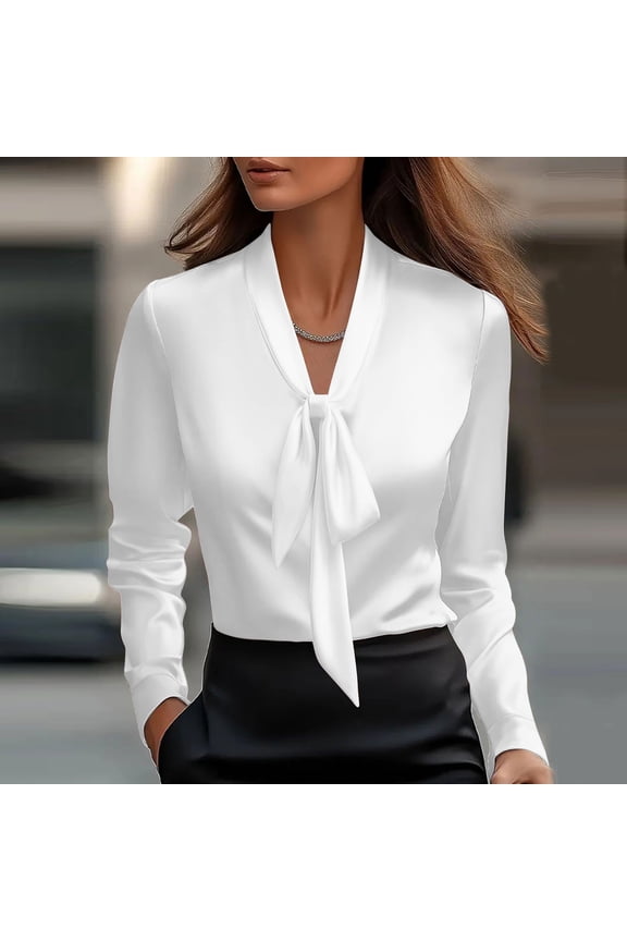 Ladies Tops and Blouses Satin V Neck White Tops Long Sleeve Dressy Casual Bow Tie Work Shirts for Women,S