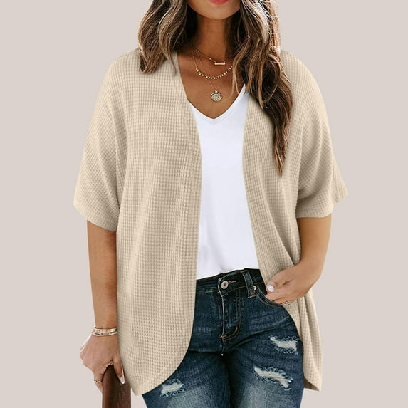 Fznquz Light Cardigans for Women Summer Fall Open Front Oversized Cardigan Sweater Yellow Short Sleeve Fall Plus Size Blouses