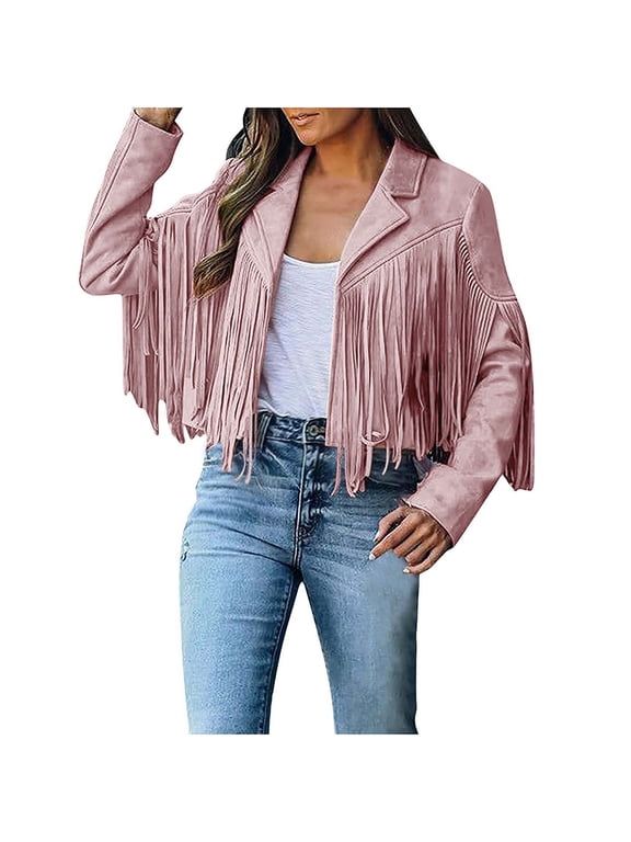Light Cardigans for Women Trendy Long Sleeve Fall Jacket Open Front Fringe Pink Tassel Tops Women