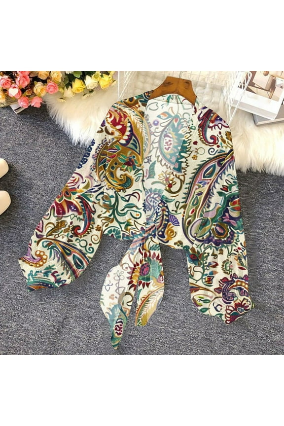 Light Weight Cardigan Women Chiffon Sweater Shrugs Cover Up Graphic Bolero Tie Front Coat