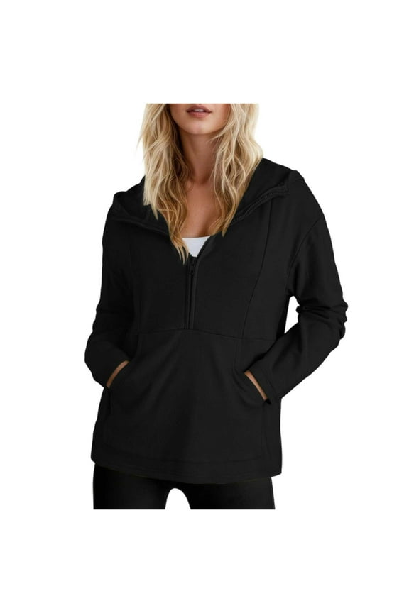 Lightweight Long Sleeve Shirts for Women Hooded Half Zip Jacket Casual Black Plain Trendy Shirts for Teens Girls