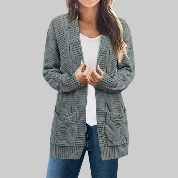 Fznquz Lightweight Sweaters for Women Casual Knit Plain Cardigan Gray Pockets Long Sleeve Open Front Womens Clothes