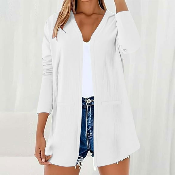 Fznquz Lightweight Sweaters for Women Trendy Kimono Cardigan Loose Fit Long Sleeve Pockets Solid White Blouses