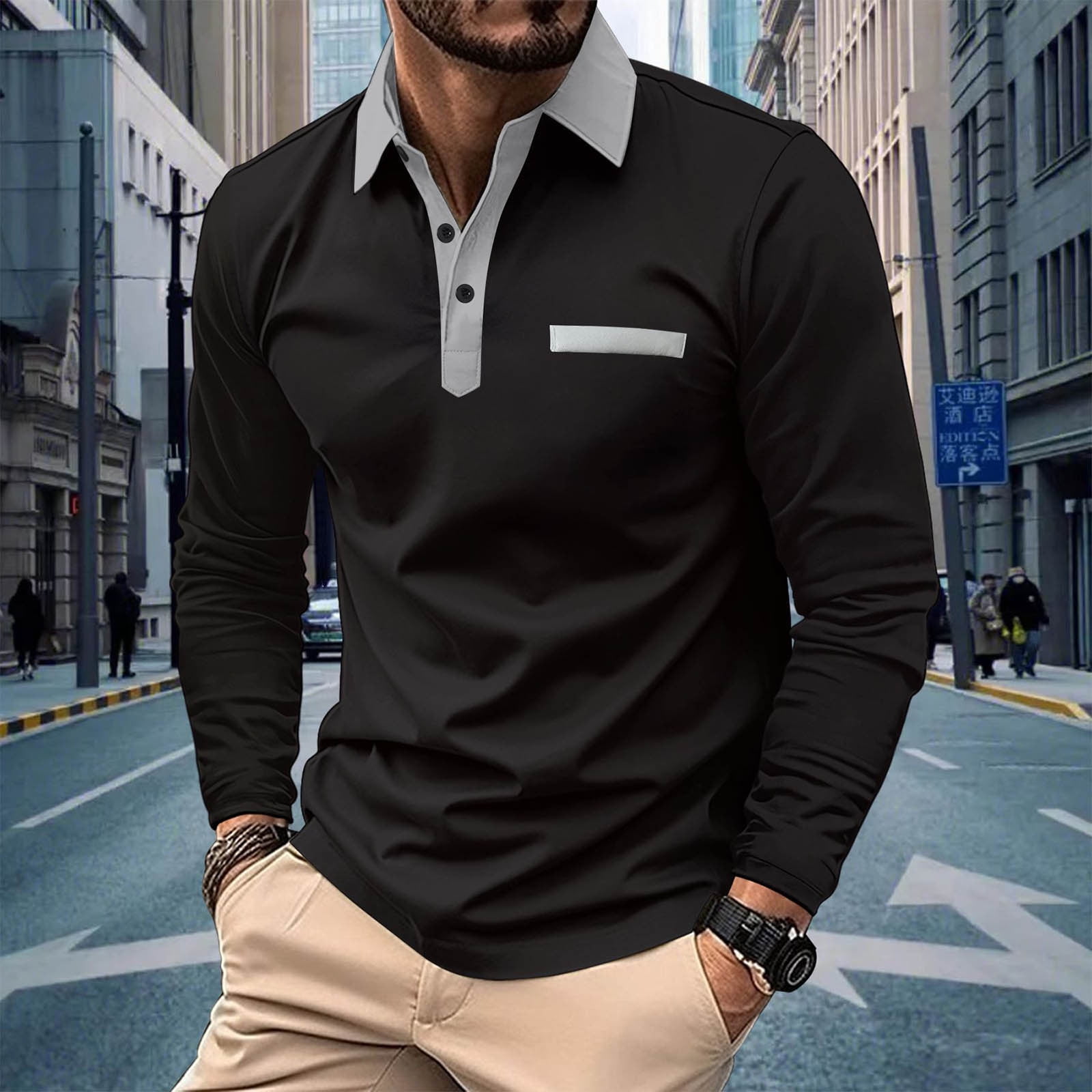 Fznquz Long Sleeve Big and Tall Polo Shirts for Men Black Collared