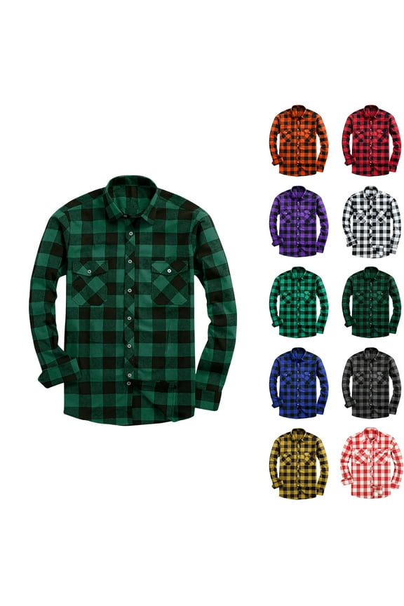 Blczomt Long Sleeve Big and Tall Shirts for Men Flannel Green Button down Shirt Plaid Pocket Men Fashion
