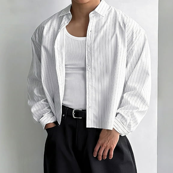 Fznquz Long Sleeve Button Up Shirt Men Fall White Button Down Casual Shirt Trendy 2025 Striped Lightweight Clothes Men
