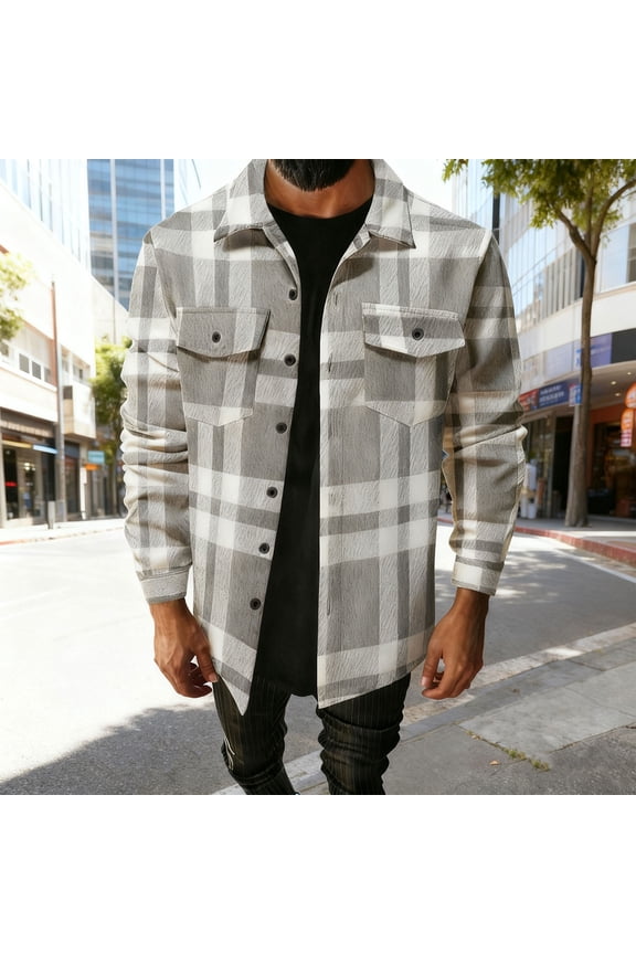 Long Sleeve Button Up Shirt Men Gray Casual Plaid Shirt Button Down Pocket Flannel Mens Clothes Trendy
