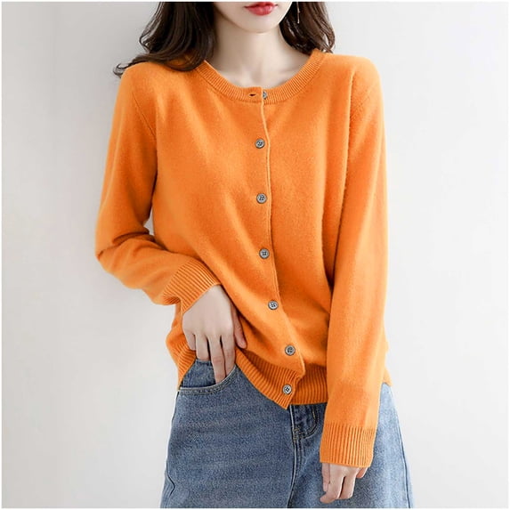 Fznquz Long Sleeve Cardigans for Women Trendy Button Down Cardigan Casual Plain Orange Winter Women Fashion