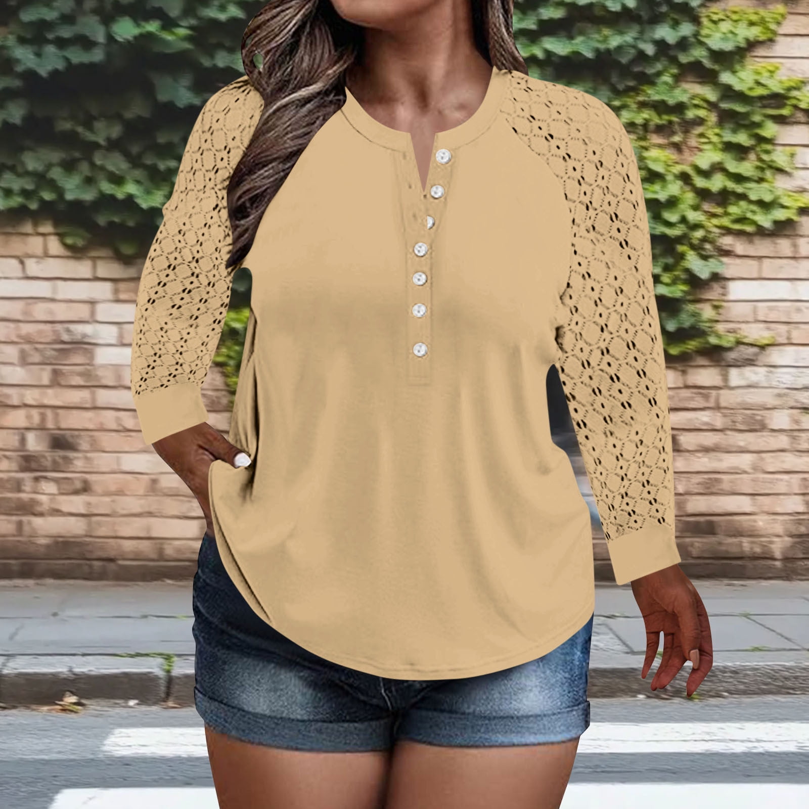 Fznquz Long Sleeve Dress Blouses for Women Plus Size Beige