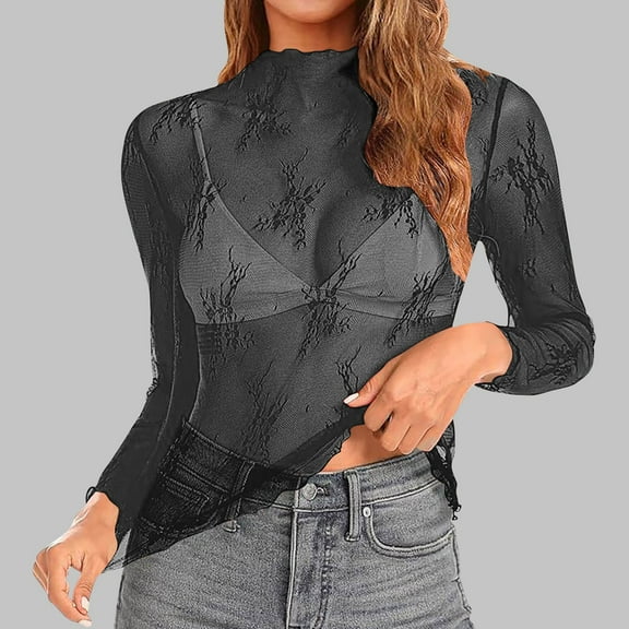 Fznquz Long Sleeve Ladies Blouses Casual Lace Black Top Party Club Night Mock Neck Mesh Tops Women S
