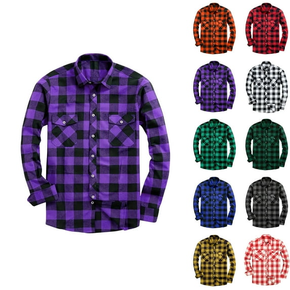 Blczomt Long Sleeve Men's Big and Tall Button Up Shirt Flannel Plaid Shirts Mens with Pockets Purple Casual Lightweight Shirts