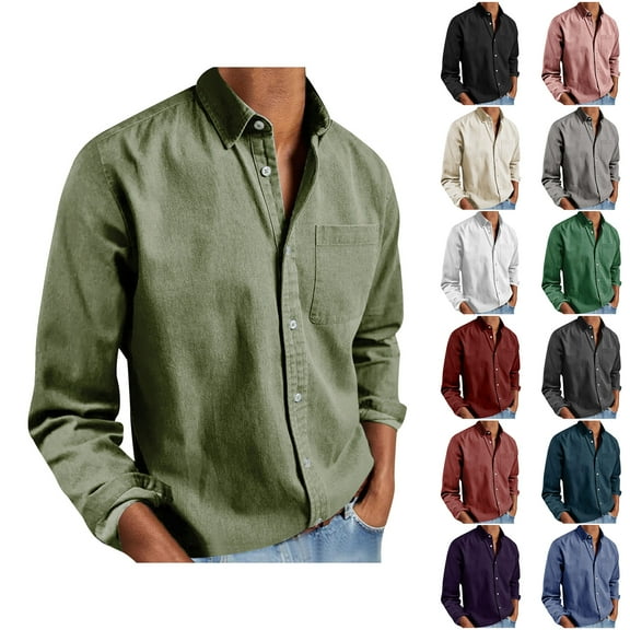 Fznquz Long Sleeve Men's Big and Tall Button Up Shirt Plain Green Shirts Collared Pocket Button down Men's Fashion