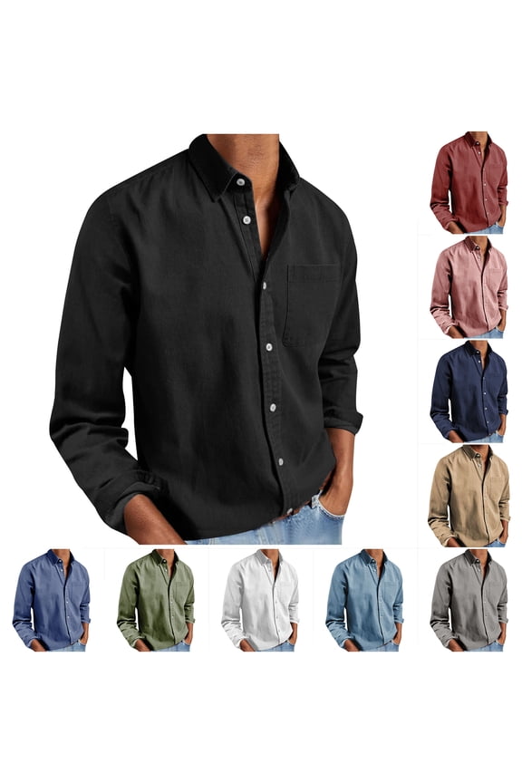 Long Sleeve Mens Big and Tall Button Up Shirt Black Plain Shirts Button down Collared Pocket Mens Winter Clothes