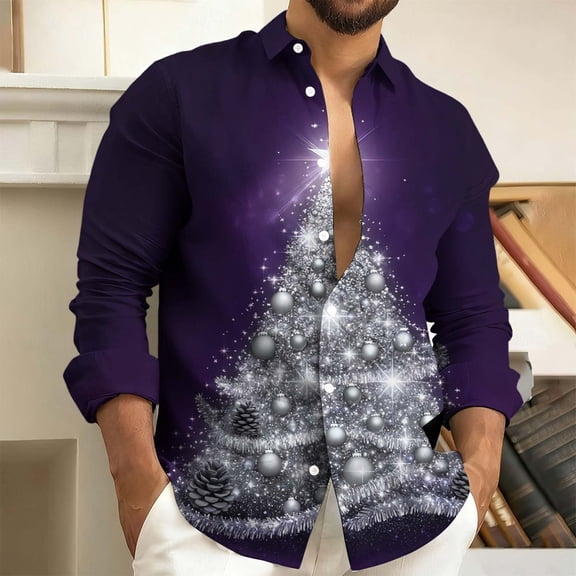 Fznquz Long Sleeve Mens Big and Tall Button Up Shirt Purple Christmas Collared Shirts Xmas Print Mens Clothes Trendy