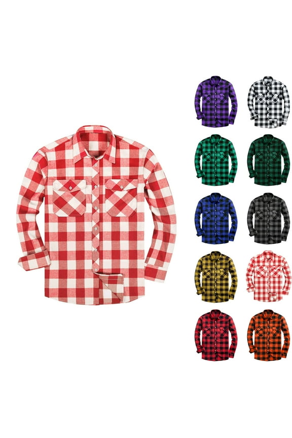 Blczomt Long Sleeve Mens Button Up Shirt Big and Tall Flannel Red Button down Shirt Plaid Pocket Mens Clothes