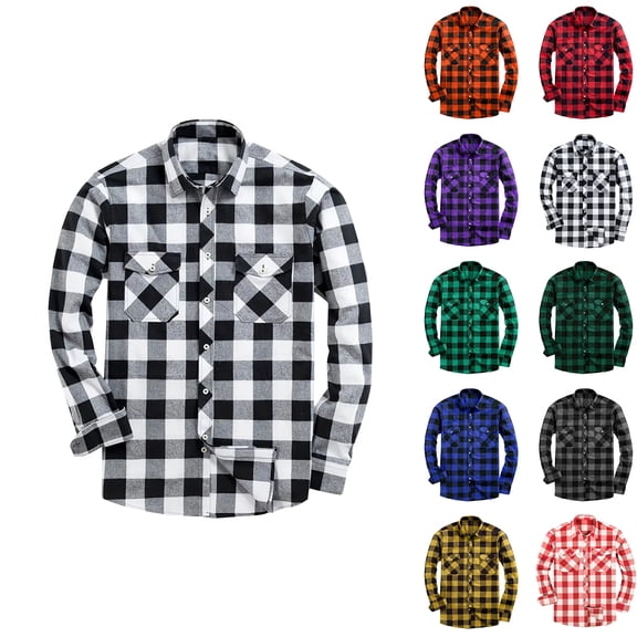 Blczomt Long Sleeve Mens Button-Up Shirt Big and Tall Plaid Flannel Mens Fashion Regular Fit Lightweight Pockets White Shirt