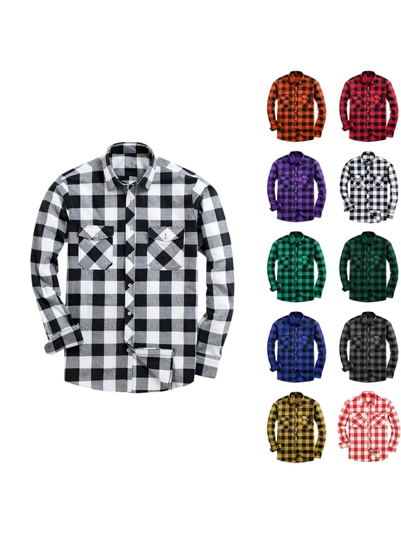 Blczomt Long Sleeve Mens Button-Up Shirt Big and Tall Plaid Flannel Mens Fashion Regular Fit Lightweight Pockets White Shirt