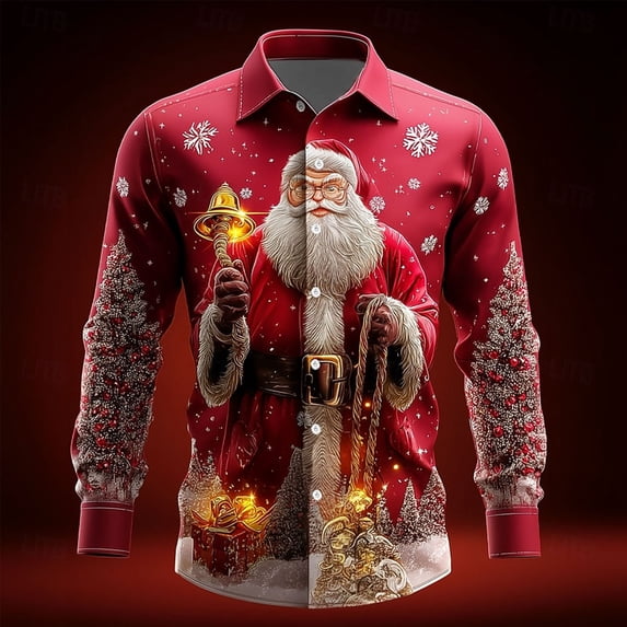 Fznquz Long Sleeve Mens Button Up Shirt Big and Tall Red Xmas Print Collared Shirt Christmas 2025 Winter Mens Clothes