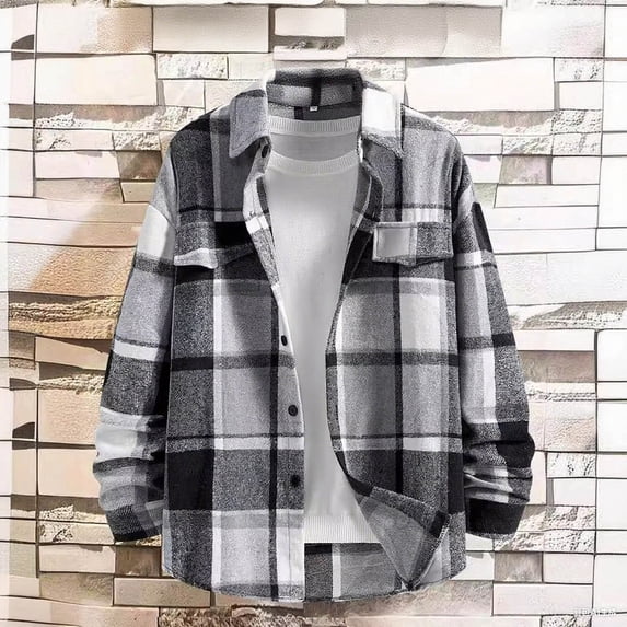 Fznquz Long Sleeve Mens Button Up Shirt Gray Lightweight Plaid Shirt Winter Flannel Casual Mens Clothes