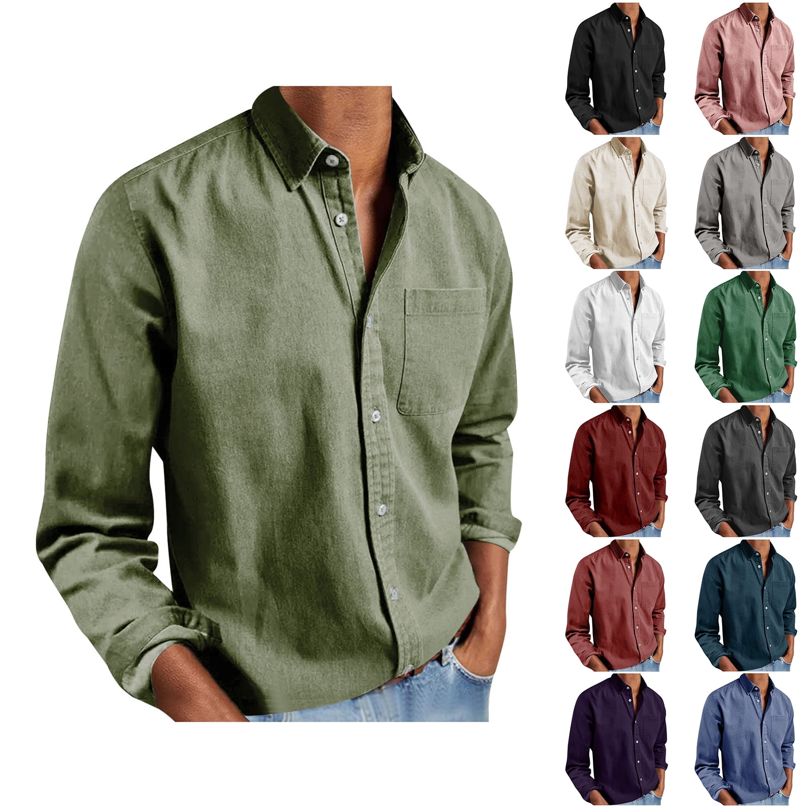 Fznquz Long Sleeve Mens Button Up Shirt Green Plain Shirts Button down Collared Pocket Men Fashion