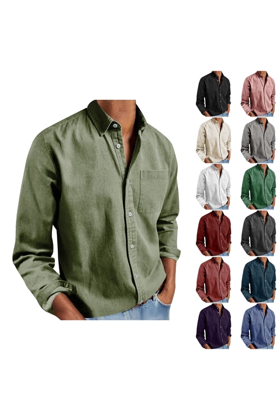 Long Sleeve Mens Button Up Shirt Green Plain Shirts Button down Collared Pocket Men Fashion