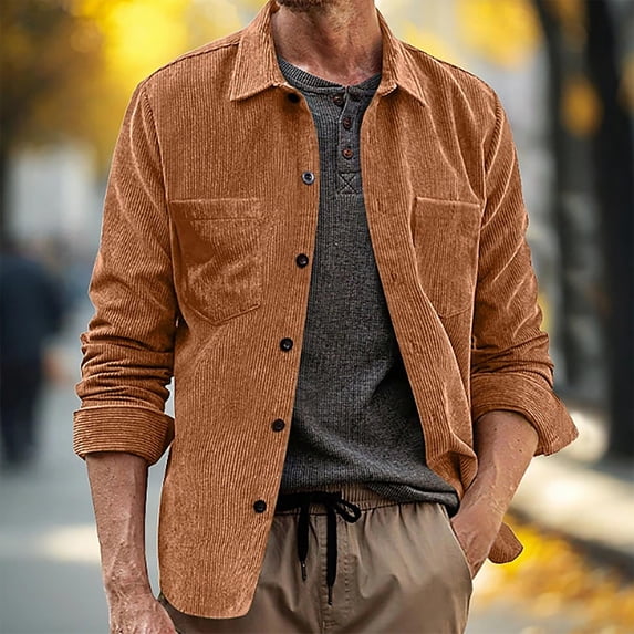 Fznquz Long Sleeve Mens Button Up Shirts Brown Corduroy Button Down Shirt Winter Fall Plain Trendy Mens Winter Clothes