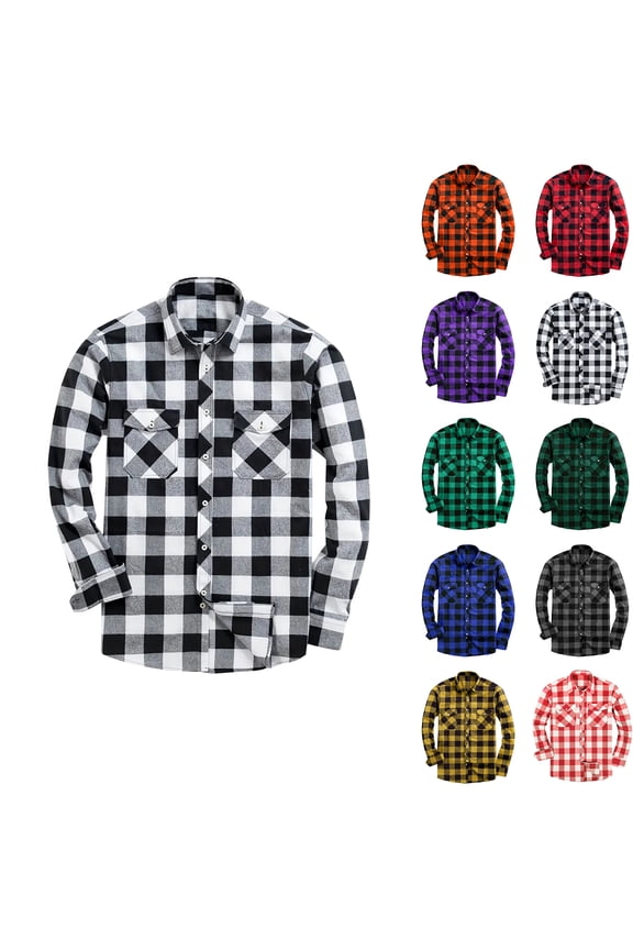 Long Sleeve Mens Button-Up Shirts Flannel Plaid Shirt Mens Regular Fit White Lightweight Pockets Shirt