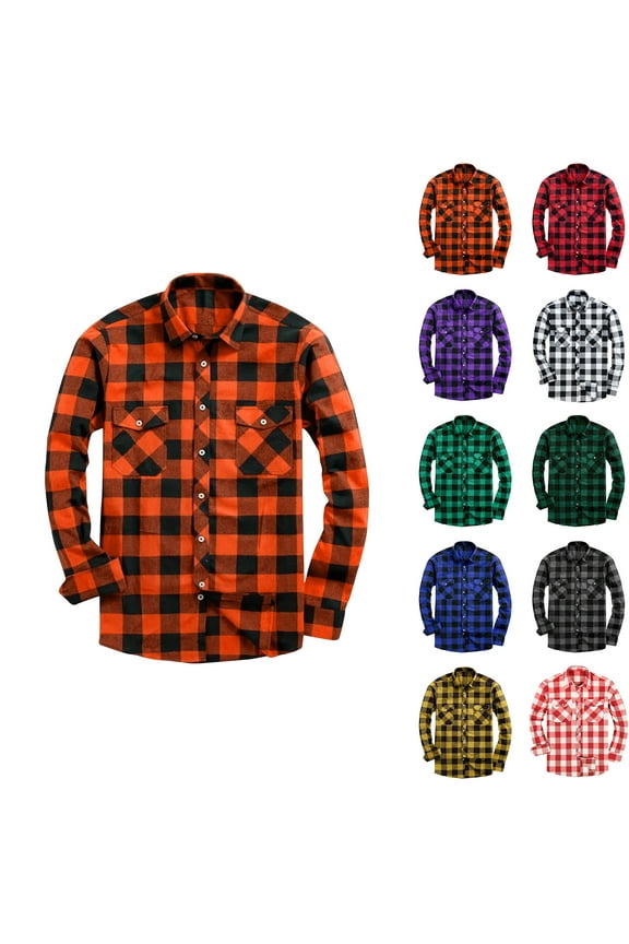 Blczomt Long Sleeve Mens Button Up Shirts Orange Flannel Button down Shirt Pocket Plaid Big and Tall Mens Clothes