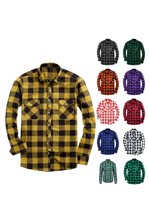 Blczomt Long Sleeve Mens Button-Up Shirts Plaid Flannel Shirts Men Regular Fit Yellow Lightweight Pockets Shirt