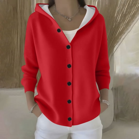 Fznquz Long Sleeve Plus Size Tops for Women Red Knit Button Up Hoodies Casual Trendy Womens Spring Clothing,XL