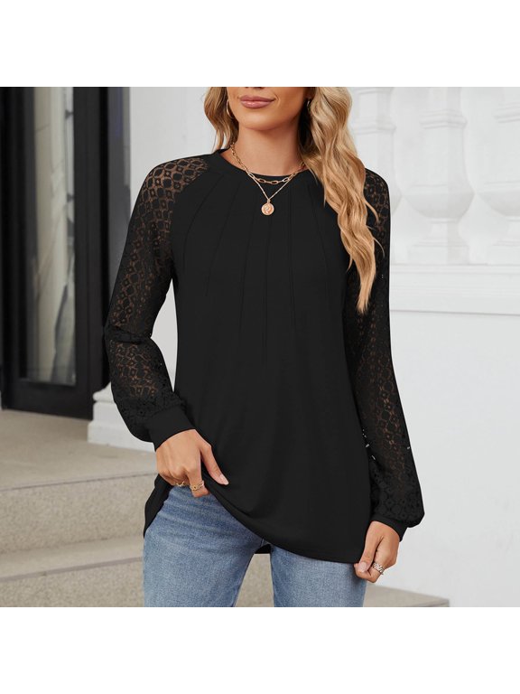 Long Sleeve Shirt Women Dressy Lace Black Blouses Work Crew Neck Pleated Tops for Women L