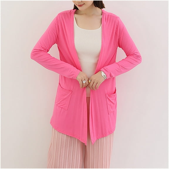 Fznquz Long Sleeve Summer Cardigan for Women Lightweight Pink Long Sweaters Soft Cardigan Casual Ladies Blouses with Pockets